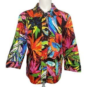 Chicos Orange Tropical‎ Jacket Lined Miami Flair 3/4 Sleeve Sz 2 Large 12